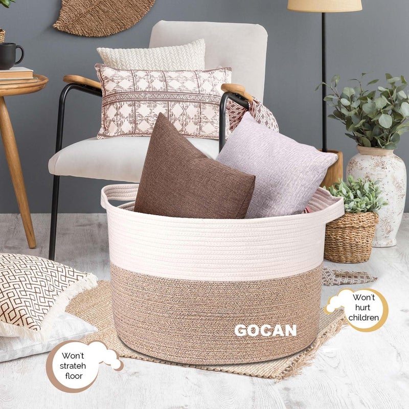 GOCAN Extra Large Laundry Basket toy storage 22"X22"X14" blanket basket Cotton Rope Woven Baskets with Handles for Living Room (Brown/Beige) XXXL - Image 2